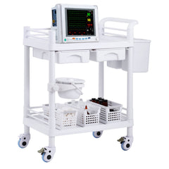2 Tiers Lab Carts, Lab Utility Cart with 2 Trays, 2 Drawers & 4 Silent Wheels, Mobile Medical Cart with PP Material, Lab Rolling Cart with 3 Trash Cans for Lab, Clinic, Hospital, Salon, White