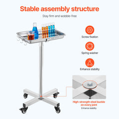 Mayo Stand, Stainless Steel Mayo Tray, Load Capacity up to 35 lbs, Adjustable Height 25.2"-39.8", Medical Tray on Wheels with Removable Tray for Spa, Salon, Clinic, Personal Care