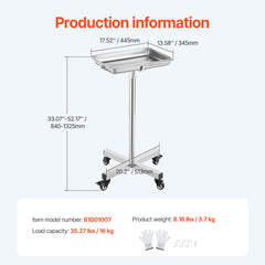 Mayo Stand, Stainless Steel Mayo Tray, Load Capacity up to 35 lbs, Adjustable Height 25.2"-39.8", Medical Tray on Wheels with Removable Tray for Spa, Salon, Clinic, Personal Care