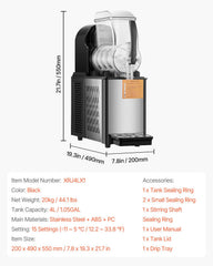 Commercial Slushy Machine, 4L Single Tank Frozen Drink Machine, 16 Cups Stainless Steel Margarita Smoothie Frozen Drink Maker, Slushie Maker for Home Party Restaurants Cafe Bars