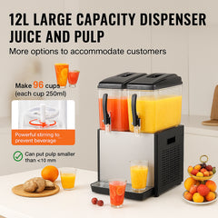 Commercial Beverage Dispenser, 2 Tanks 12 L Per Tank Juice Dispenser, 286W Stainless Steel Ice Tea Drink Machine with 7℃-12℃ Cooling Temperature, for Cold Drink Restaurant Bar Party