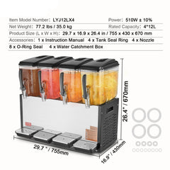 Commercial Beverage Dispenser, 4 Tanks 12 L Per Tank Juice Dispenser, 510W Stainless Steel Ice Tea Drink Machine with 7℃-12℃ Cooling Temperature, for Cold Drink Restaurant Bar Party