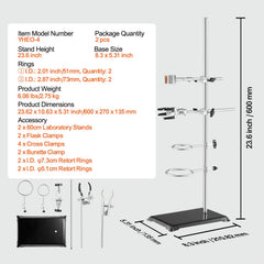 Lab Stand Support, Laboratory Retort Support Stand 2 Sets, Steel Lab Stand 23.6" Rod and 8.3" x 5.3" Cast Iron Base, Includes Flask Clamps, Burette Clamps and Cross Clamps