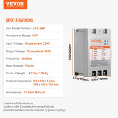 3 Phase Converter - 5HP 15A 220V Single Phase to 3 Phase Converter, Digital Phase Shifter for Residential and Light Commercial Use, 220V Input/Output (One Converter for One Motor Only)