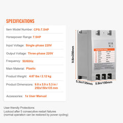 3 Phase Converter- 7.5HP 23A 220V Single Phase to 3 Phase Converter, Digital Phase Shifter for Residential & Light Commercial Use, 220V Input/Output (One DPS Must Be Used on One Motor Only)