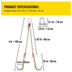 V Bridle Chain, 5/16 in x 2 ft Bridle Tow Chain, Grade 80 V-Bridle Transport Chain, 9260 Lbs Break Strength with TJ Hooks and Crab Hooks, Heavy Duty Pear Link Connector and Chain Shorteners