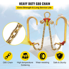 V Bridle Chain, 5/16 in x 2 ft Bridle Tow Chain, Grade 80 V-Bridle Transport Chain, 9260 Lbs Break Strength with TJ Hooks and Crab Hooks, Heavy Duty Pear Link Connector and Chain Shorteners