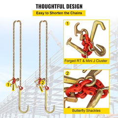 J Hook Chain, 2PCS 8 mm x 300 cm G80 Long Shank J Hook Tow Chain with RTJ Cluster Hook & Grab Hook, 2448 kg Working Load, Heavy Duty Transport Truck Chain for Wrecker Recovery Trailer Towing