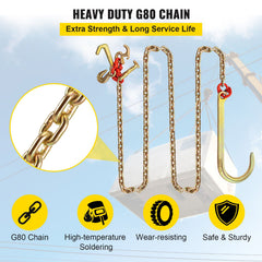 J Hook Chain, 2PCS 8 mm x 300 cm G80 Long Shank J Hook Tow Chain with RTJ Cluster Hook & Grab Hook, 2448 kg Working Load, Heavy Duty Transport Truck Chain for Wrecker Recovery Trailer Towing