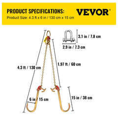 V Bridle Chain, 5/16 in x 2 ft Tow Chain Bridle, Grade 80 V-Bridle Transport Chain, 9260 Lbs Break Strength with TJ Hooks & Grab Hooks, Heavy Duty Pear Link Connector and Chain Shorteners