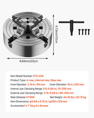 4-Jaw Lathe Chuck, 10 in (250 mm), Lathe Chuck, 0.6-9.84 in (15-250 mm) Clamping Range with T-key Fixing Screws Reversible Jaws, HT300 Cast Iron Material, Internal External for Wood Metal Lathe