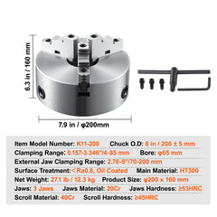 3-Jaw Lathe Chuck, 200 mm, Self-Centering Lathe Chuck, 4-200 mm Clamping Range with T-key Fixing Screws Hexagon Wrench, for Lathe 3D Printer Machining Center Milling Drilling Machine