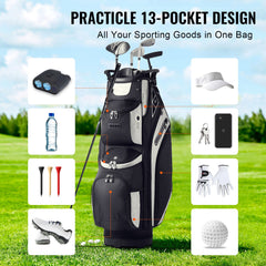 Golf Cart Bag with 14 Way Organizer Divider Top, 13 Pockets Premium Cart Bag, Durable 600D Polyester Fabric Golf Bags with Handles & Dust Cover & Detachable Straps for Men & Women, Black Color-Block
