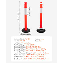 3 Pack Traffic Delineator Posts, 1140 mm Traffic Safety Cones with Fillable Base and Reflective Strips, Heavy Duty Delineator Posts for Construction Site, Parking Lot, Crowd Control, Red