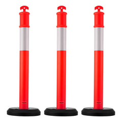 3 Pack Traffic Delineator Posts, 1140 mm Traffic Safety Cones with Fillable Base and Reflective Strips, Heavy Duty Delineator Posts for Construction Site, Parking Lot, Crowd Control, Red