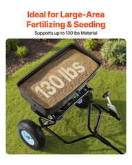 Tow Behind Broadcast Spreader, 130LBS Capacity, Tow/Push Garden Spreader with 13 in Tires, 30 Adjustable Setting & 9.8 ft Spreading Width, Lawn Spreaders for Seed, Fertilizer, Salt, Ice Melt