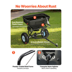 Tow Behind Broadcast Spreader, 130LBS Capacity, Tow/Push Garden Spreader with 13 in Tires, 30 Adjustable Setting & 9.8 ft Spreading Width, Lawn Spreaders for Seed, Fertilizer, Salt, Ice Melt
