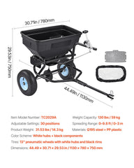Tow Behind Broadcast Spreader, 130LBS Capacity, Tow/Push Garden Spreader with 13 in Tires, 30 Adjustable Setting & 9.8 ft Spreading Width, Lawn Spreaders for Seed, Fertilizer, Salt, Ice Melt