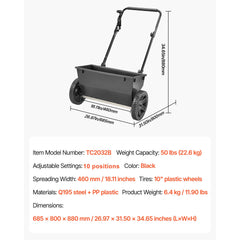 Walk-Behind Push Spreader, 22.6 kg Capacity, Drop Spreader with Hopper Grate, 18 in Spreading Width & 30 Settings, 10 in All Terrain Tires, Garden & Lawn Spreaders for Seed, Fertilizer
