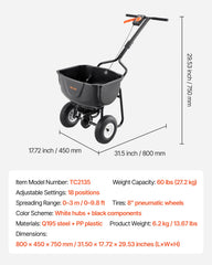 Walk Behind Spreader, 60LBS Capacity, Push Spreader with Hopper Grate, 0-9.8 ft Spreading Width, 8 in All Terrain Pneumatic Tires, Garden & Lawn Broadcast Spreaders, for Seed, Fertilizer