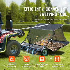 106.6 cm Lawn Sweeper Tow Behind, 12 cu.ft. Large Pull Behind Grass Sweeper, Heavy Duty Leaf & Grass Collector with Dumping Rope Design, Adjustable Sweeping Height for Picking Up Debris & Grass