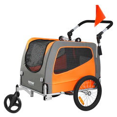 Dog Bike Trailer, Supports up to 30 kg, 2-in-1 Pet Stroller Cart Bicycle Carrier, Easy Folding Cart Frame with Quick Release Wheels, Universal Bicycle Coupler, Reflectors, Flag, Orange/Gray
