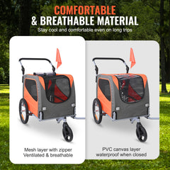 Dog Bike Trailer, Supports up to 30 kg, 2-in-1 Pet Stroller Cart Bicycle Carrier, Easy Folding Cart Frame with Quick Release Wheels, Universal Bicycle Coupler, Reflectors, Flag, Orange/Gray