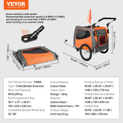 Dog Bike Trailer, Supports up to 30 kg, 2-in-1 Pet Stroller Cart Bicycle Carrier, Easy Folding Cart Frame with Quick Release Wheels, Universal Bicycle Coupler, Reflectors, Flag, Orange/Gray