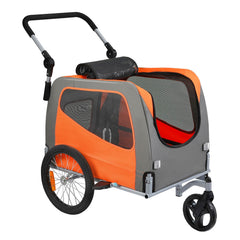 Dog Bike Trailer, Supports up to 30 kg, 2-in-1 Pet Stroller Cart Bicycle Carrier, Easy Folding Cart Frame with Quick Release Wheels, Universal Bicycle Coupler, Reflectors, Flag, Orange/Gray