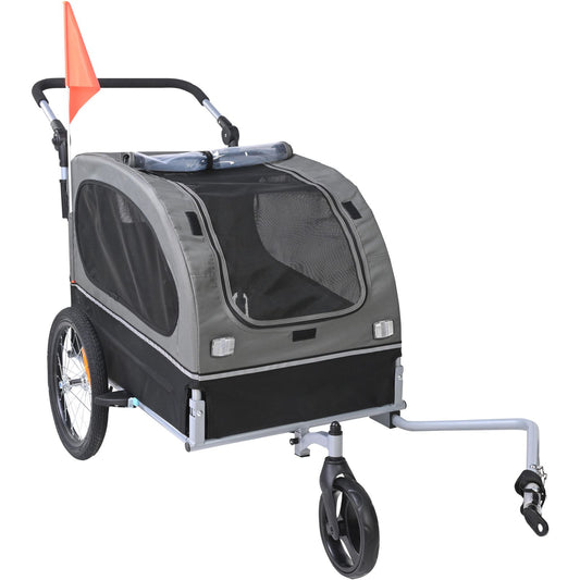 Dog Bike Trailer, Supports up to 40 kg, 2-in-1 Pet Stroller Cart Bicycle Carrier, Easy Folding Cart Frame with Quick Release Wheels, Universal Bicycle Coupler, Reflectors, Flag, Black/Gray