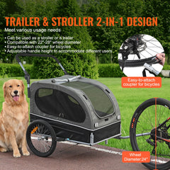Dog Bike Trailer, Supports up to 40 kg, 2-in-1 Pet Stroller Cart Bicycle Carrier, Easy Folding Cart Frame with Quick Release Wheels, Universal Bicycle Coupler, Reflectors, Flag, Black/Gray