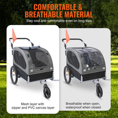 Dog Bike Trailer, Supports up to 40 kg, 2-in-1 Pet Stroller Cart Bicycle Carrier, Easy Folding Cart Frame with Quick Release Wheels, Universal Bicycle Coupler, Reflectors, Flag, Black/Gray