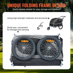 Dog Bike Trailer, Supports up to 40 kg, 2-in-1 Pet Stroller Cart Bicycle Carrier, Easy Folding Cart Frame with Quick Release Wheels, Universal Bicycle Coupler, Reflectors, Flag, Black/Gray
