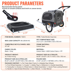 Dog Bike Trailer, Supports up to 40 kg, 2-in-1 Pet Stroller Cart Bicycle Carrier, Easy Folding Cart Frame with Quick Release Wheels, Universal Bicycle Coupler, Reflectors, Flag, Black/Gray