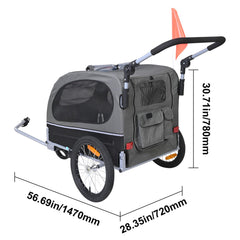 Dog Bike Trailer, Supports up to 40 kg, 2-in-1 Pet Stroller Cart Bicycle Carrier, Easy Folding Cart Frame with Quick Release Wheels, Universal Bicycle Coupler, Reflectors, Flag, Black/Gray