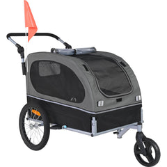 Dog Bike Trailer, Supports up to 40 kg, 2-in-1 Pet Stroller Cart Bicycle Carrier, Easy Folding Cart Frame with Quick Release Wheels, Universal Bicycle Coupler, Reflectors, Flag, Black/Gray