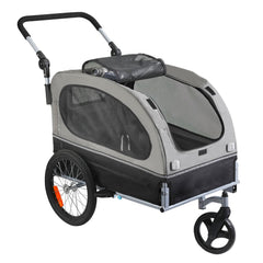Dog Bike Trailer, Supports up to 40 kg, 2-in-1 Pet Stroller Cart Bicycle Carrier, Easy Folding Cart Frame with Quick Release Wheels, Universal Bicycle Coupler, Reflectors, Flag, Black/Gray