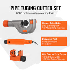 3PCS Tubing Cutter Set, 3/16"-2" O.D. Copper Pipe Cutter, 1/8"-7/8" O.D. Mini Tube Cutter and Deburring Tool, Heavy Duty Pipe Cutter Set for Copper, Aluminum, Stainless Steel, Plastic Pipes