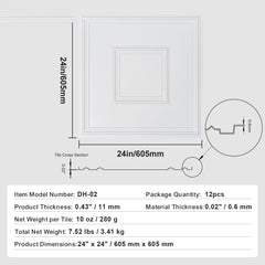 Ceiling Tiles 12-Pack 24 x 24 in PVC Easy Installation White Geometric
