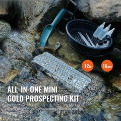 Gold Panning Kit With Mini Sluice Box, 12" Aluminum Gold Mining Equipment, 16 PCS Gold Prospecting Kit with Gold Pan, Classifier Screen, Separating Magnet, Drawstring Backpack and Accessories