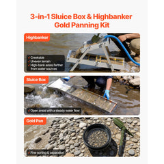 Highbanker Gold Panning Kit, 1270 mm 3-in-1 Folding High Banker Gold Sluice Box, 26 PCS Portable Mining Equipment Prospecting Kit with Gold Pans, Classifier Screen, Magnet, Backpack, Accessories