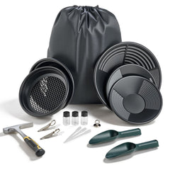 Gold Panning Kit, 254 mm and 355 mm Pans, 19 PCS Portable Prospecting Equipment Kit with Classifier Sieves, Sand Magnet, Rock Pick, Scoops, Backpack, and Accessories, for Outdoor Gold Recovery