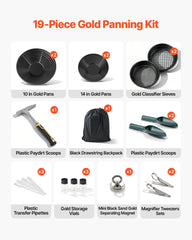 Gold Panning Kit, 254 mm and 355 mm Pans, 19 PCS Portable Prospecting Equipment Kit with Classifier Sieves, Sand Magnet, Rock Pick, Scoops, Backpack, and Accessories, for Outdoor Gold Recovery