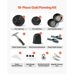 Gold Panning Kit, 254 mm and 355 mm Pans, 19 PCS Portable Prospecting Equipment Kit with Classifier Sieves, Sand Magnet, Rock Pick, Scoops, Backpack, and Accessories, for Outdoor Gold Recovery