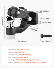 Pintle Hook, 9070 kg Towing Capacity, Trailer Hitches Receiver Hook Combination 50.4 mm Hitch Ball, Fits for 63.5 to 76.2 mm Lunette Ring with Mounting Kit, Wear-resistant, Black Powder Coat