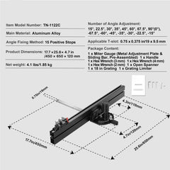 Precision Miter Gauge, Standard Slot 19 x 9.5 mm, Aluminum Alloy Table Saw Miter Gauge with 61 cm Grating 15 Angle Stops Adjustable Spring Loaded Plunger and Removable Disc, for Woodworking