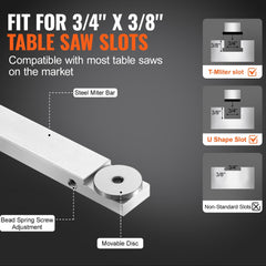 Precision Miter Gauge, Standard Slot 3/4'' x 3/8'', Aluminum Alloy Table Saw Miter Gauge with 19-35 in Grating 15 Angle Stops Adjustable Spring Loaded Plunger and Removable Disc, for Woodworking