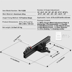 Precision Miter Gauge, Standard Slot 19 x 9.5 mm, Aluminum Alloy Table Saw Miter Gauge with 45.7 cm Grating 15 Angle Stops Adjustable Spring Loaded Plunger and Removable Disc, for Woodworking
