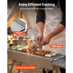 Foldable Charcoal Grill, 0.16 m² Portable Charcoal Barbecue Grill with Liftable Charcoal Tray & Side Tables, Brushed Stainless Steel BBQ Cooking Grills for Outdoor Camping Backyard Parties
