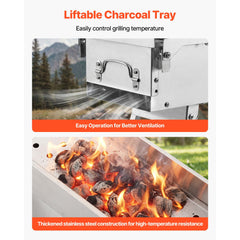Foldable Charcoal Grill, 0.16 m² Portable Charcoal Barbecue Grill with Liftable Charcoal Tray & Side Tables, Brushed Stainless Steel BBQ Cooking Grills for Outdoor Camping Backyard Parties